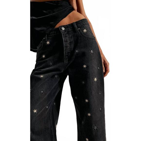 NEW FREE PEOPLE deep trance shine embroidered jeans in starry night - Picture 3 of 5